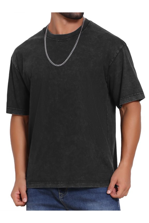 Men's Retro Distressed Crew Neck Short Sleeve Solid T-Shirts M Black