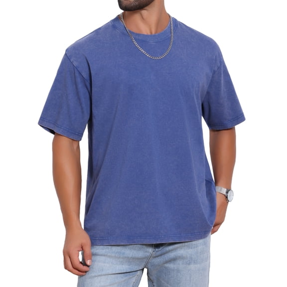 INSPIRE CHIC Men's Retro Distressed Crew Neck Short Sleeve Solid T-Shirts M Blue