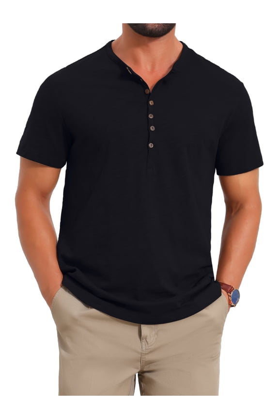 Men's Retro Texture Button Down Short Sleeve Outdoor Henley Shirt M Black
