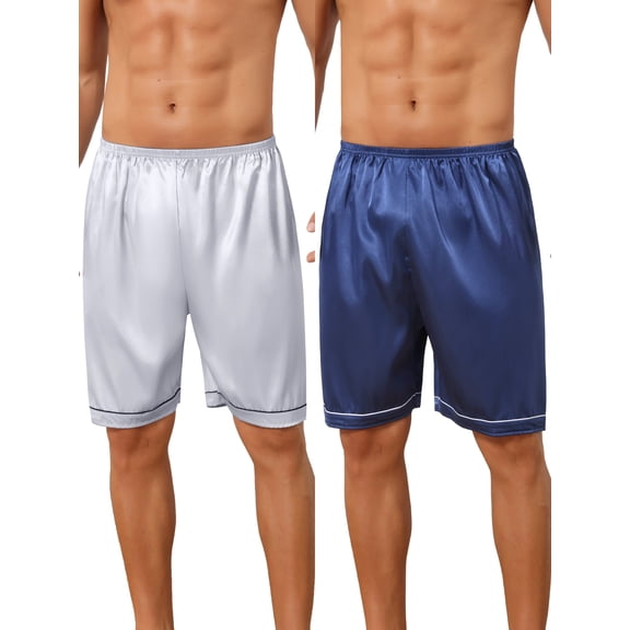 INSPIRE CHIC Men's Satin Above Knee Elastic Waist Sleep Pajama Shorts 2 Packs 30 1 Blue 1 Silver