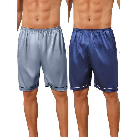 INSPIRE CHIC Men's Satin Above Knee Elastic Waist Sleep Pajama Shorts 2 Packs 34 1 Blue 1 Light Blue
