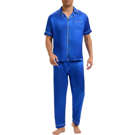 INSPIRE CHIC Men's Satin Nightwear Short Sleeve Button Shirt Sleep Shorts Casual Pajamas Set 2 Pieces 2XL Blue
