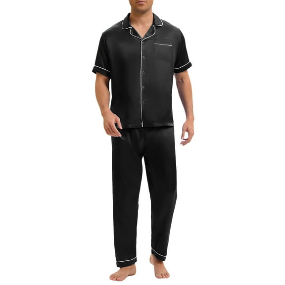 INSPIRE CHIC Men's Satin Nightwear Short Sleeve Button Shirt Sleep Shorts Casual Pajamas Set 2 Pieces S Black