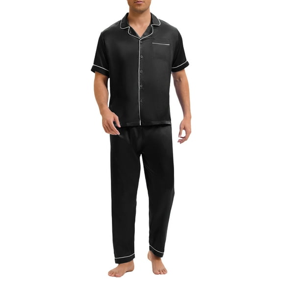 INSPIRE CHIC Men's Satin Nightwear Short Sleeve Button Shirt Sleep Shorts Casual Pajamas Set 2 Pieces XL Black
