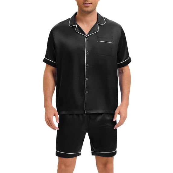 INSPIRE CHIC Men's Satin Sleepwear Short Sleeve Nightwear Shorts Summer Pajamas Set 2 Pieces L Black