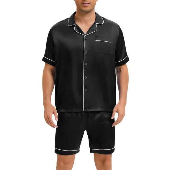 INSPIRE CHIC Men's Satin Sleepwear Short Sleeve Nightwear Shorts Summer Pajamas Set 2 Pieces S Black