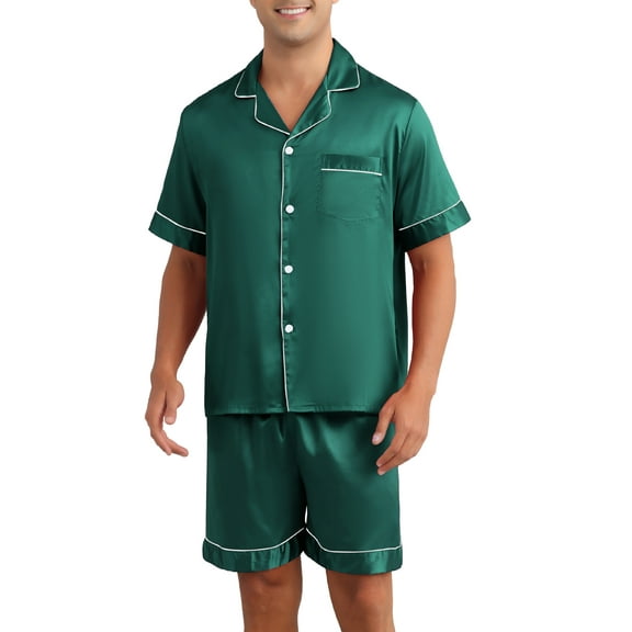 INSPIRE CHIC Men's Satin Sleepwear Short Sleeve Nightwear Shorts Summer Pajamas Set 2 Pieces S Green