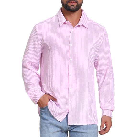 INSPIRE CHIC Men's Seersucker Shirt Striped Long Sleeve Button Down Textured Top 2XL Pink