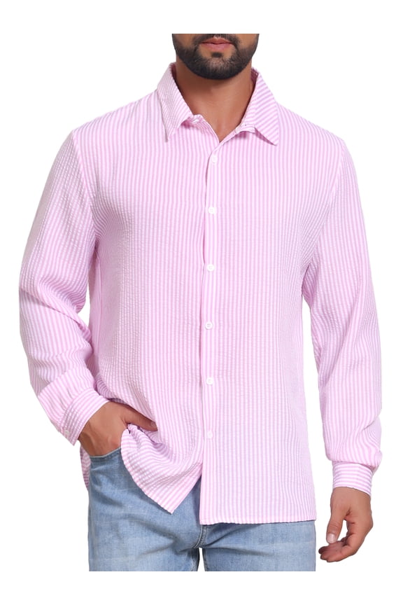 Men's Seersucker Shirt Striped Long Sleeve Button Down Textured Top M Pink