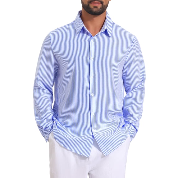 INSPIRE CHIC Men's Seersucker Shirt Striped Long Sleeve Button Down Textured Top S Blue