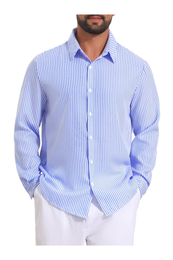 Men's Seersucker Long Sleeve Button Down Textured Striped Dress Shirts S Blue