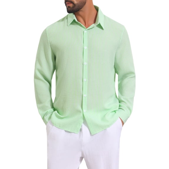 INSPIRE CHIC Men's Seersucker Shirt Striped Long Sleeve Button Down Textured Top XL Green