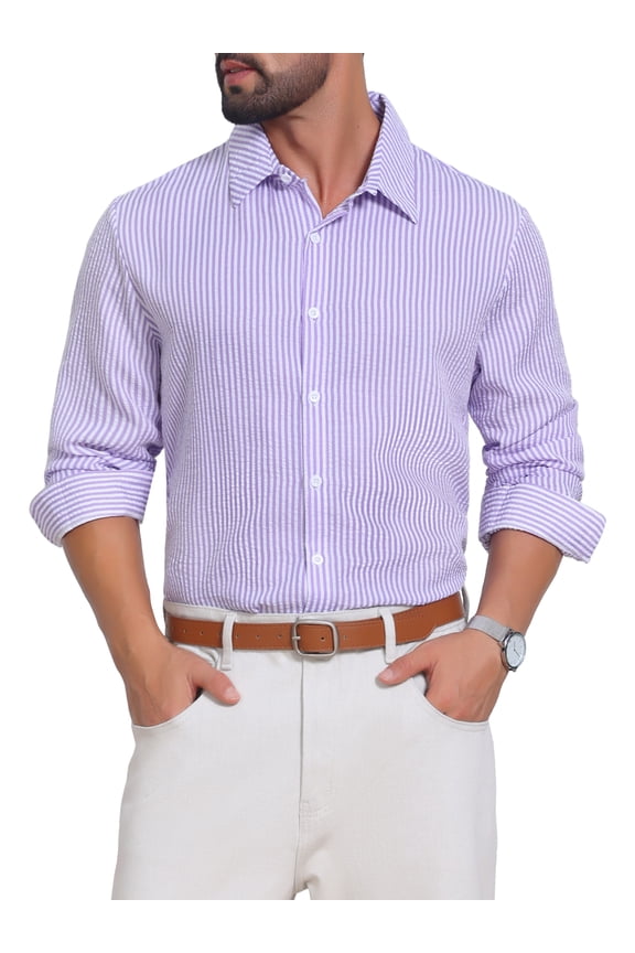 Men's Seersucker Long Sleeve Button Down Textured Striped Dress Shirts XL Purple