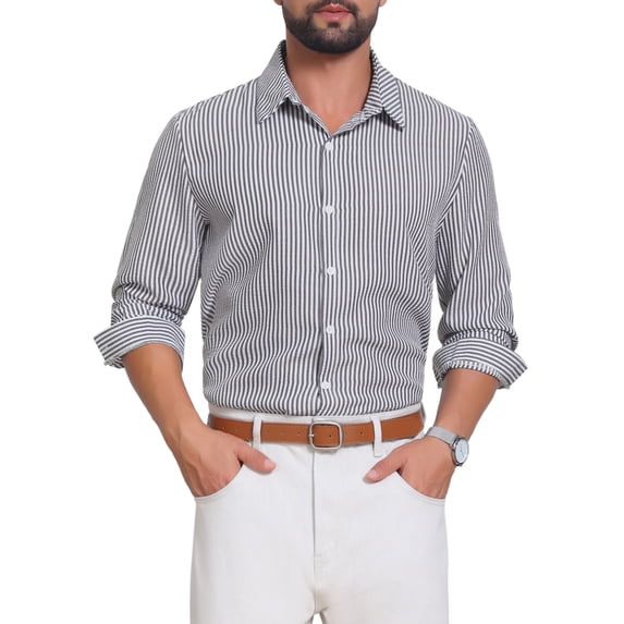 INSPIRE CHIC Men's Seersucker Shirt Striped Long Sleeve Button Down Textured Top S Black