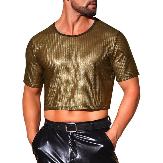 INSPIRE CHIC Men's Shiny Short Sleeve DIsco Club Crop Metallic T-Shirts M Golden