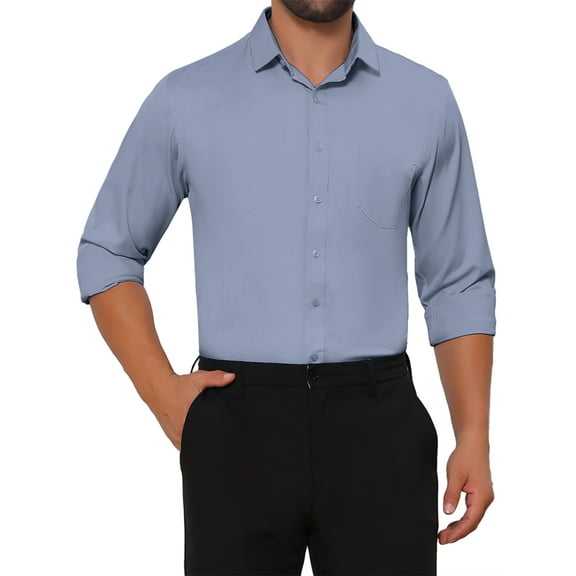 INSPIRE CHIC Men's Shirt Point Collar Long Sleeve Button Solid Color Business Dress Shirt M Gray