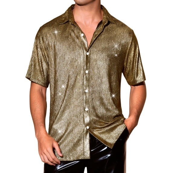 INSPIRE CHIC Men's Short Sleeve Button Disco Party Shining Metallic Shirts M Black Golden