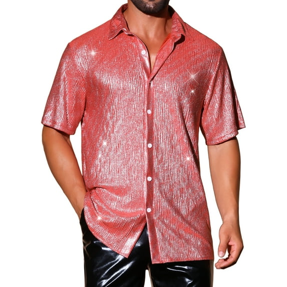 INSPIRE CHIC Men's Short Sleeve Button Disco Party Shining Metallic Shirts M Red Silver
