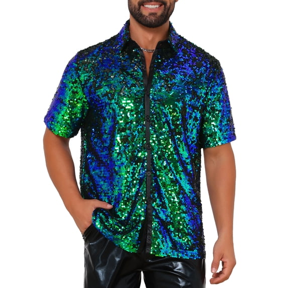 INSPIRE CHIC Men's Short Sleeve Button Down 70s Disco Costume Party Shirts 2XL Green Black