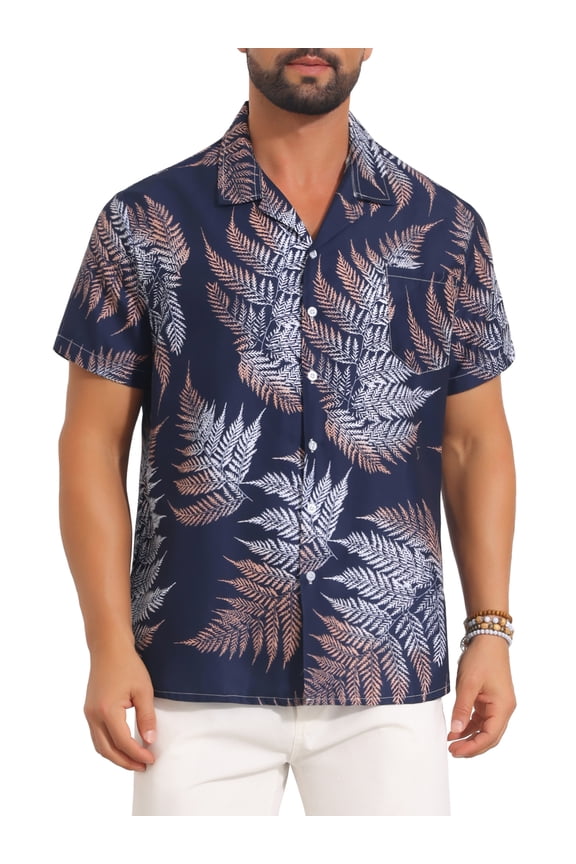 Men's Short Sleeve Button Down Camp Collar Leaf Print Hawaiian Shirts 2XL Dark Blue