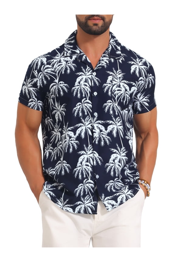 Men's Short Sleeve Button Down Camp Collar Leaf Print Hawaiian Shirts 2XL Navy Blue