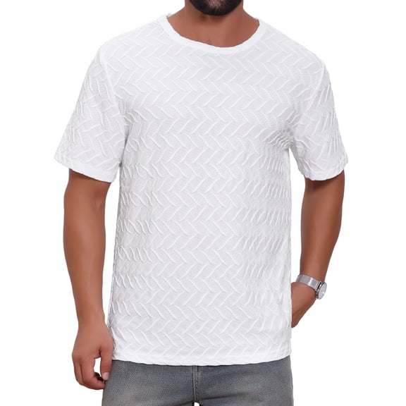 INSPIRE CHIC Men's Short Sleeve Crew Neck Summer Casual Jacquard Knitted T-Shirt S White