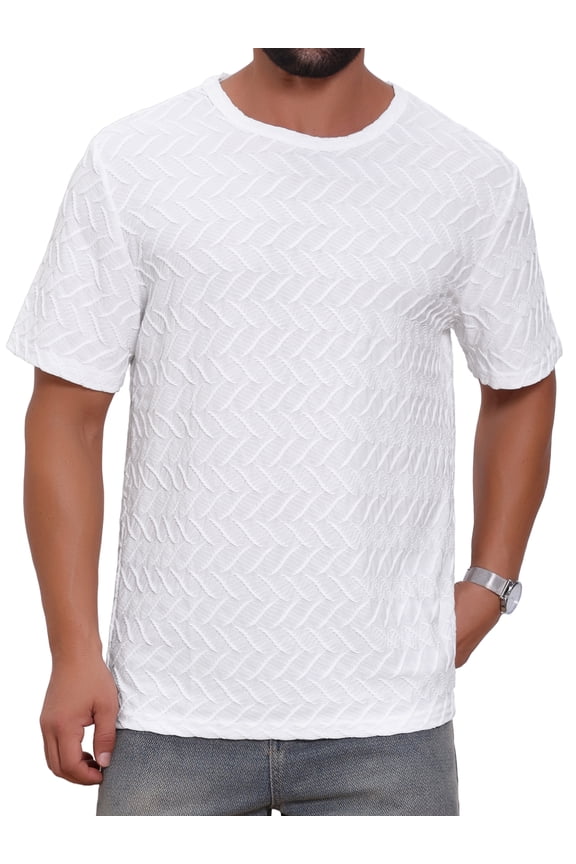 Men's Short Sleeve Crew Neck Summer Casual Jacquard Knitted T-Shirt XL White