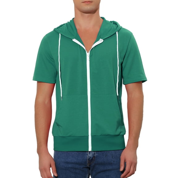 INSPIRE CHIC Men's Short Sleeve Hoodies Solid Color Zip Up Jackets with Hood L Dark Green