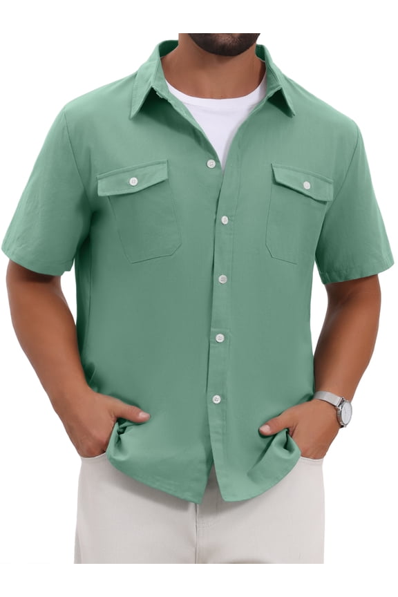 Men's Short Sleeves Chest Pockets Summer Beach Button Down Linen Shirts 3XL Green