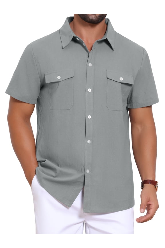 Men's Short Sleeves Chest Pockets Summer Beach Button Down Linen Shirts L Gray