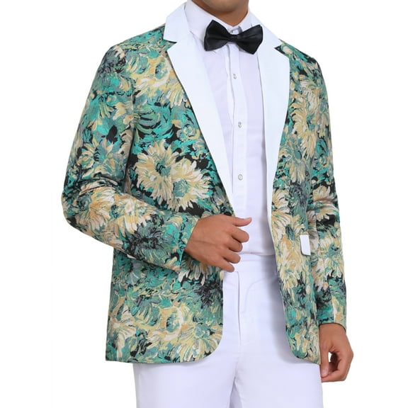 INSPIRE CHIC Men's Single Button Notch Lapel Prom Flower Print Suit Jacket L Green White