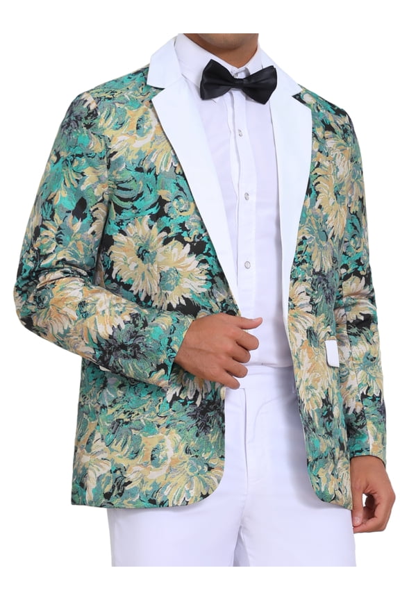 Men's Single Button Notch Lapel Prom Flower Print Suit Jacket L Green White