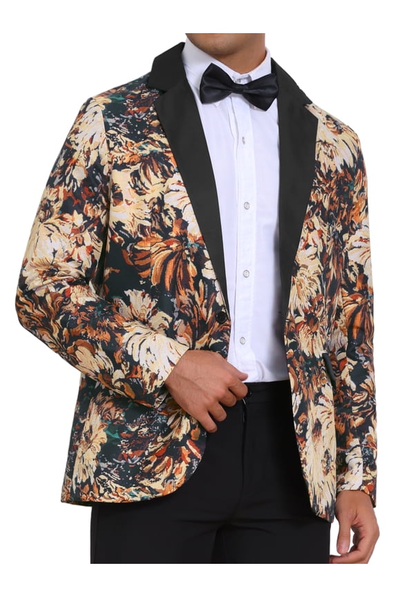 Men's Single Button Notch Lapel Prom Flower Print Suit Jacket S Yellow Black