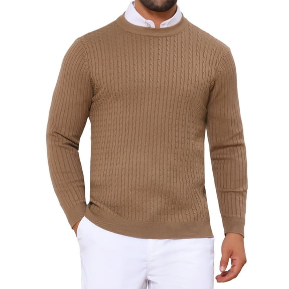 INSPIRE CHIC Men's Slim Fit Crew Neck Long Sleeve Soft Twist Textured Cable Knit Pullover Sweater M Brown