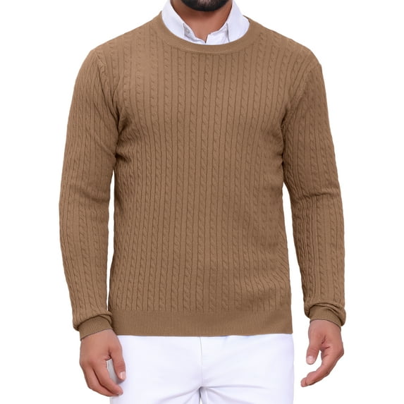 INSPIRE CHIC Men's Slim Fit Crew Neck Long Sleeve Soft Twist Textured Cable Knit Pullover Sweater M Brown