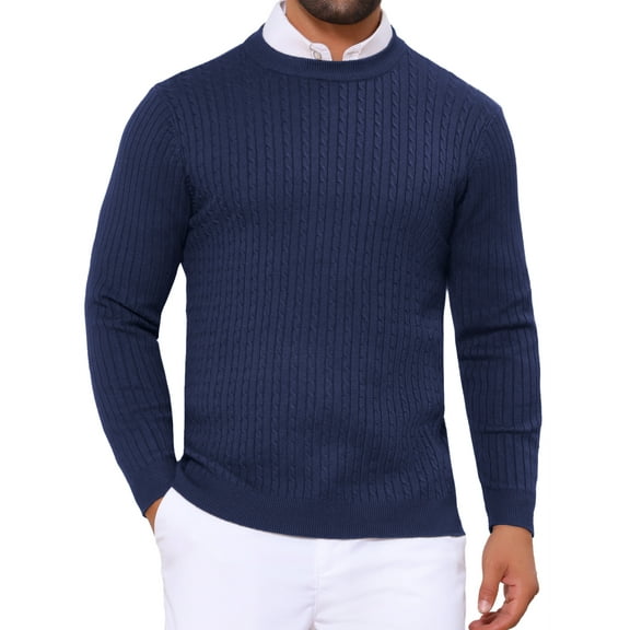 INSPIRE CHIC Men's Slim Fit Crew Neck Long Sleeve Soft Twist Textured Cable Knit Pullover Sweater S Navy