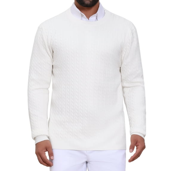 INSPIRE CHIC Men's Slim Fit Crew Neck Long Sleeve Soft Twist Textured Cable Knit Pullover Sweater S White