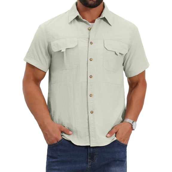INSPIRE CHIC Men's Solid Cargo Shirt Two Pockets Short Sleeve Utility Shirts L White