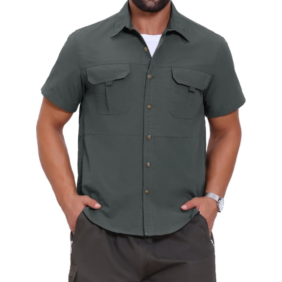 INSPIRE CHIC Men's Solid Cargo Shirt Two Pockets Short Sleeve Utility Shirts M Gray