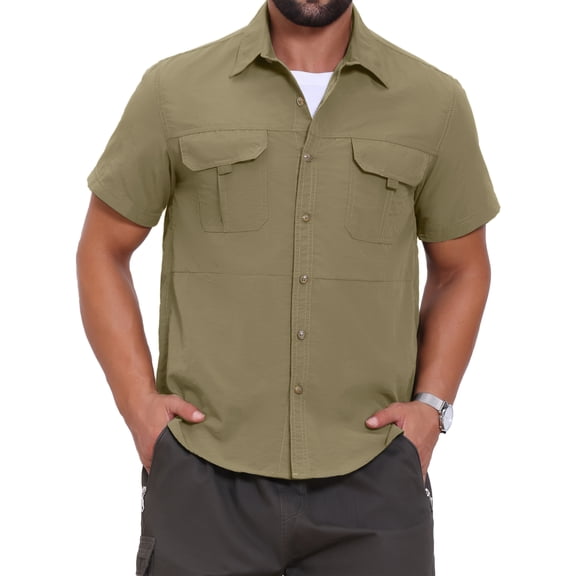INSPIRE CHIC Men's Solid Cargo Shirt Two Pockets Short Sleeve Utility Shirts M Khaki