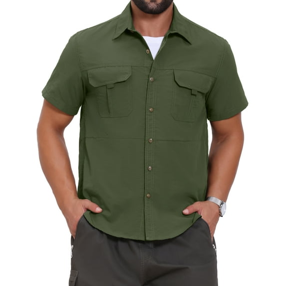 INSPIRE CHIC Men's Solid Cargo Shirt Two Pockets Short Sleeve Utility Shirts M Olive Green