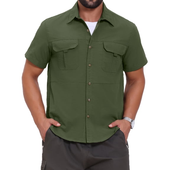 INSPIRE CHIC Men's Solid Cargo Shirt Two Pockets Short Sleeve Utility Shirts M Olive Green