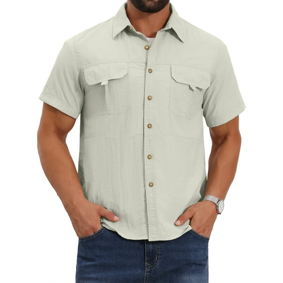 INSPIRE CHIC Men's Solid Cargo Shirt Two Pockets Short Sleeve Utility Shirts XL White