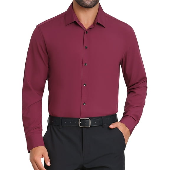 INSPIRE CHIC Men's Solid Color Button Down Long Sleeves Stretch Business Dress Shirt S Burgundy