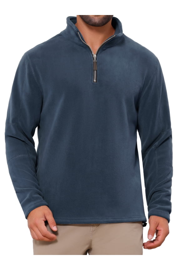 Men's Solid Color Stand Collar Half-Zip Long Sleeve Fleece Pullover Sweatshirt M Navy Blue