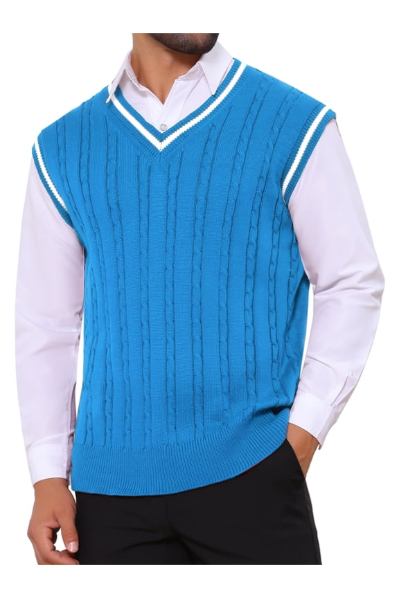 Men's Solid Color V-Neck Sleeveless Cable Knitted Sweater Vest M Blue