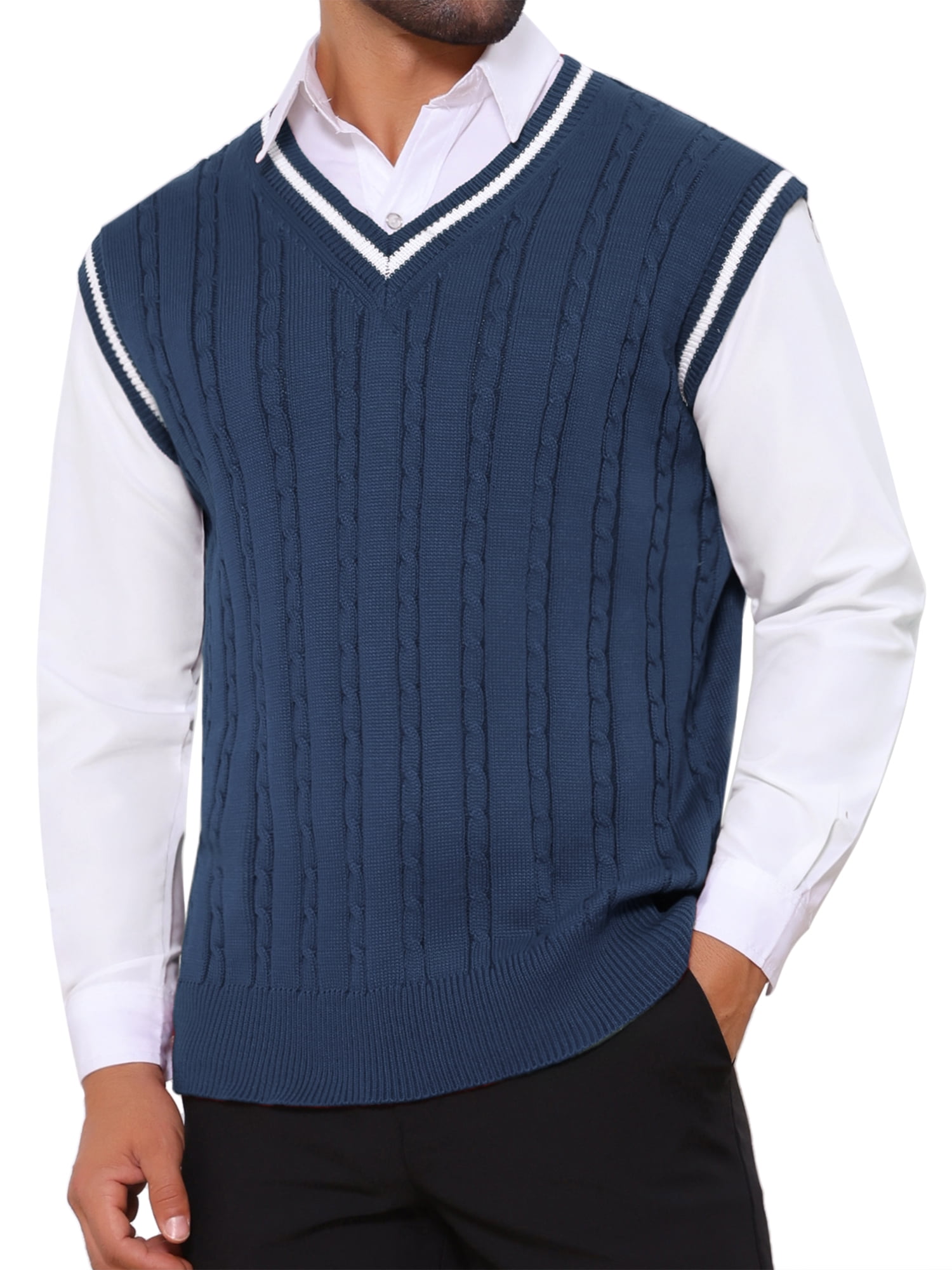 INSPIRE CHIC Men's Solid Color V-Neck Sleeveless Cable Knitted Sweater ...