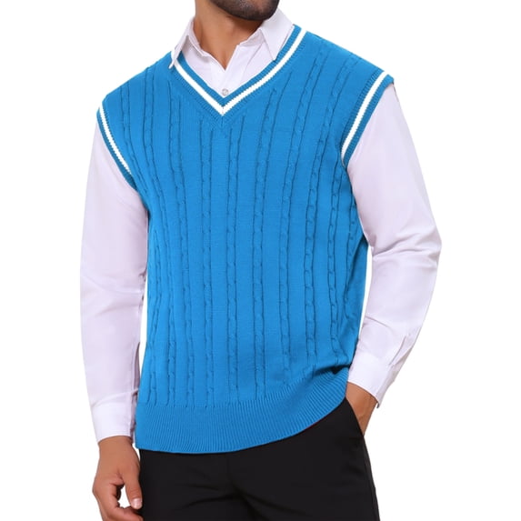 INSPIRE CHIC Men's Solid Color V-Neck Sleeveless Cable Knitted Sweater Vest S Blue