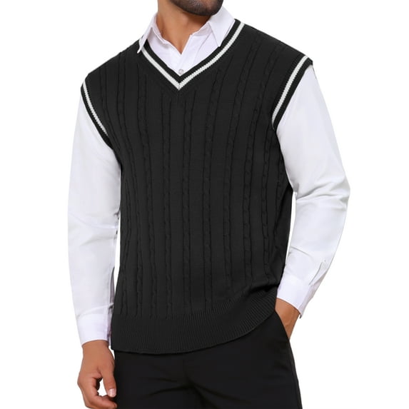 INSPIRE CHIC Men's Solid Color V-Neck Sleeveless Cable Knitted Sweater Vest XL Black