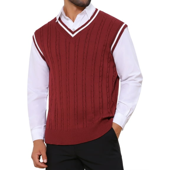 INSPIRE CHIC Men's Solid Color V-Neck Sleeveless Cable Knitted Sweater Vest XL Red